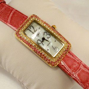 Suzanne Somers Pink Stones & Pink Imitation Alligator, Gold Watch